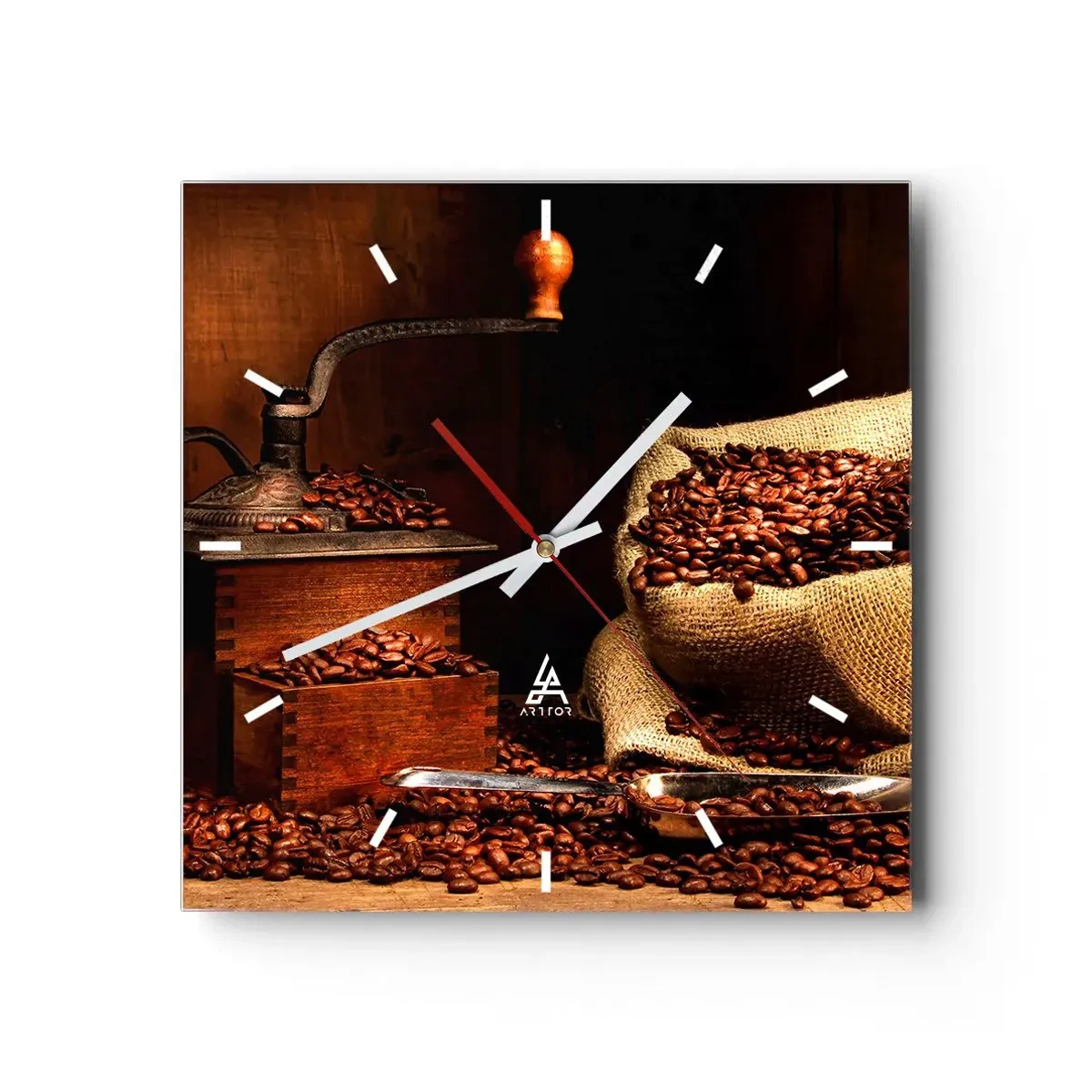 Horloge murale - Pendule murale - Un vieux moulin à café avec des grains et un sac dans un style rustique. - 30x30cm - Nature morte avec grains de café et moulin - Décoration murale moderne pour le salon et la chambre ARTTOR