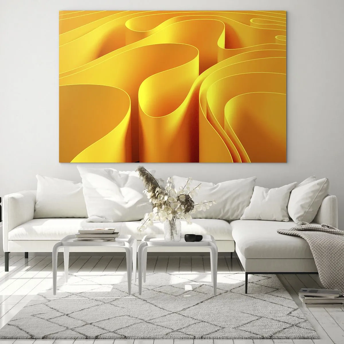 Impression sur verre - Image sur verre - Vagues abstraites dans des tons d'or et d'orange - 120x80cm - Comme les vagues du soleil - Décoration murale moderne pour le salon et la chambre ARTTOR