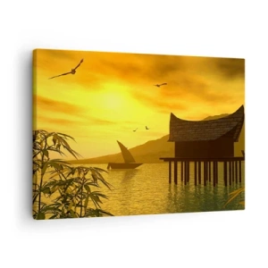 Impression sur toile - Image sur toile - Coucher de soleil tropical sur l'eau avec une maison en bois sur pilotis. - 70x50cm - La paix tant désirée - Décoration murale moderne pour le salon et la chambre ARTTOR