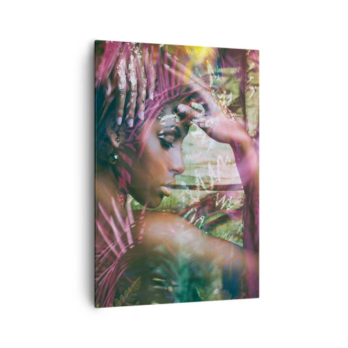 Impression sur toile - Image sur toile - Portrait d'une femme entourée d'une végétation exotique - 70x100cm - Dame Nature dans la jungle - Décoration murale moderne pour le salon et la chambre ARTTOR