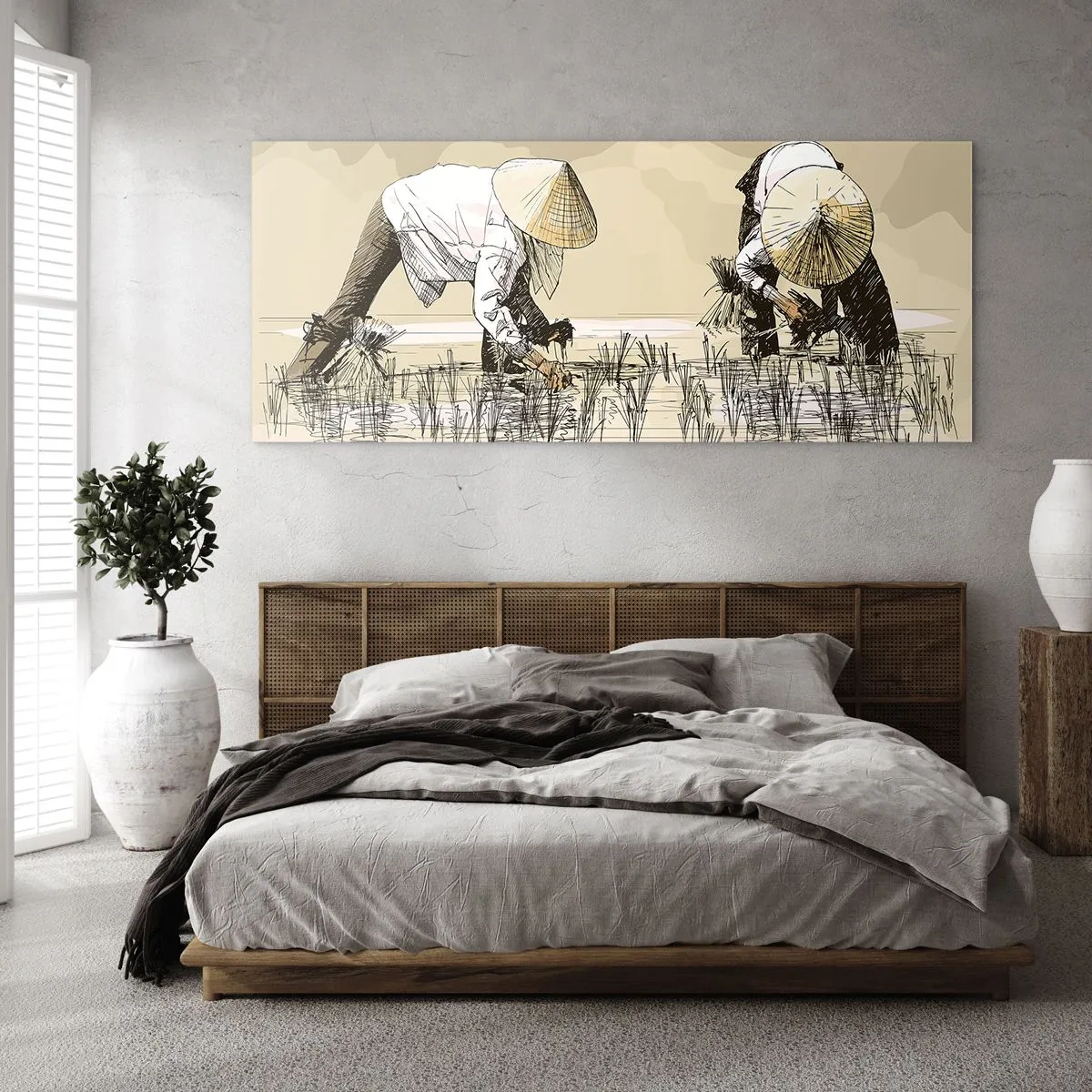 Impression sur verre - Image sur verre - Des agriculteurs travaillant dans une rizière portant des coiffures traditionnelles - 140x50cm - Récolte réussie - Décoration murale moderne pour le salon et la chambre ARTTOR