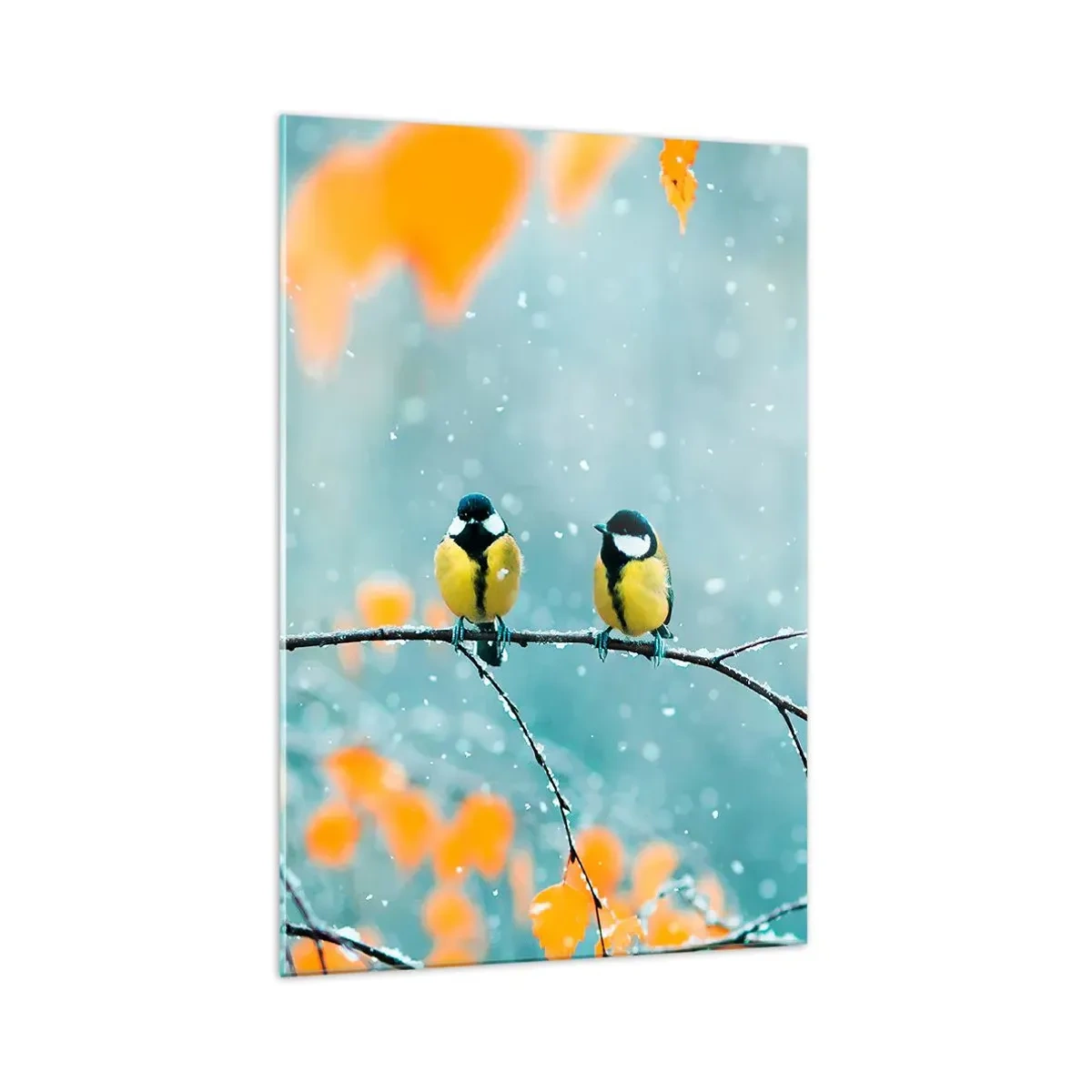Impression sur verre - Image sur verre - Deux oiseaux sur une branche dans un décor hivernal avec des feuilles jaunes. - 70x100cm - Potins d'oiseaux - Décoration murale moderne pour le salon et la chambre ARTTOR