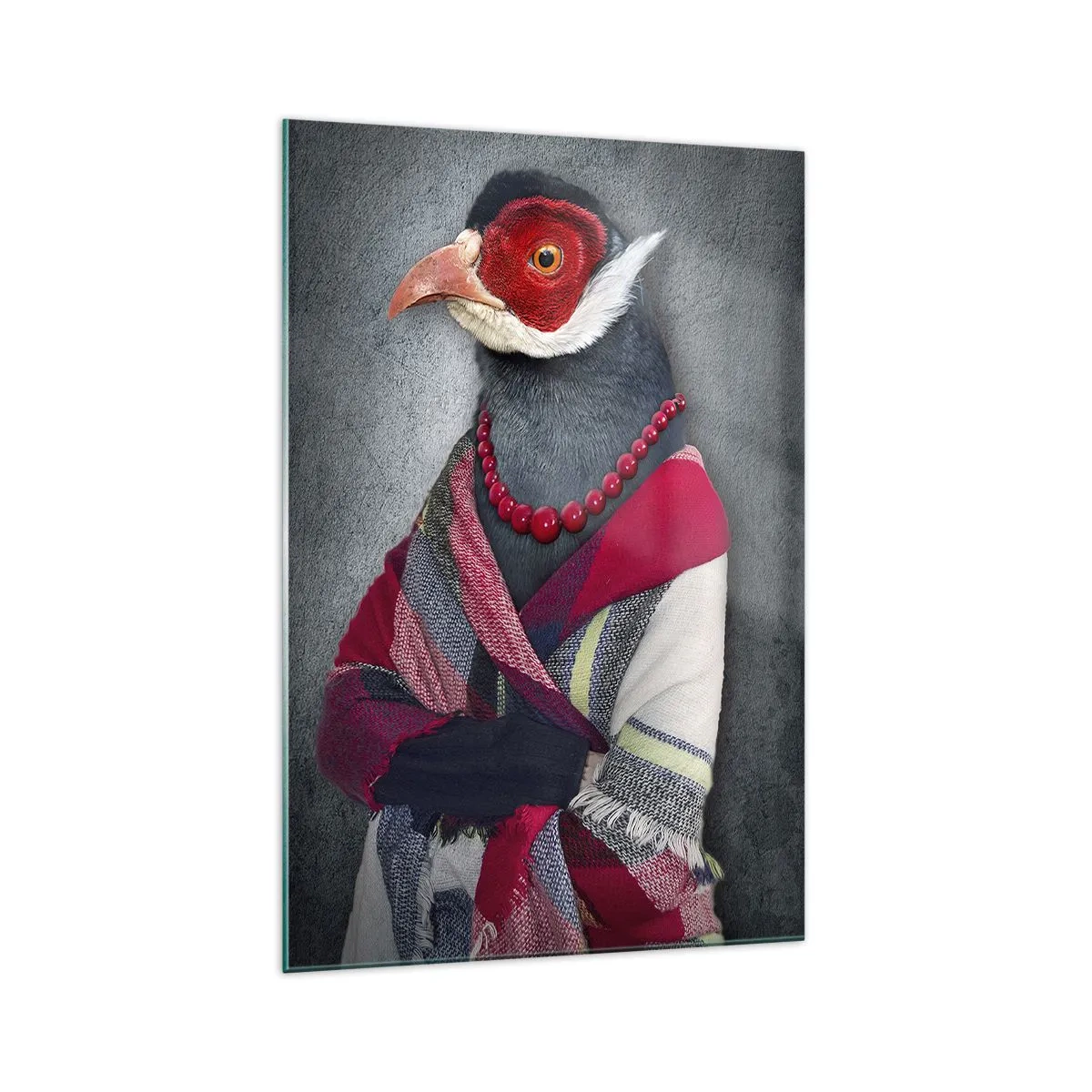 Impression sur verre - Image sur verre - Portraits stylisés d'un loup, d'un faisan et d'un lion en vêtements élégants - 70x100cm - Qu'est ce que je fais ici?! - Décoration murale moderne pour le salon et la chambre ARTTOR