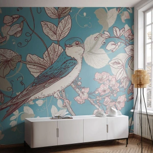 Papier Peint Photo Premium Sand - Dans le bois blanc du rouge et de l'argent - Abstraction, Avaler, Oiseau - 450x315 cm