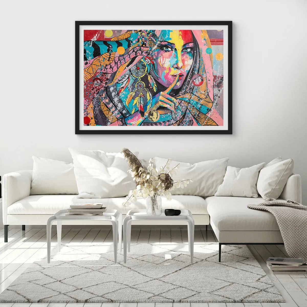 Affiche dans un cadre noir - Poster - Visage féminin coloré dans un style artistique - 70x50cm - Taisez-vous jusqu'à ce que vous compreniez - Décoration murale moderne pour le salon et la chambre ARTTOR