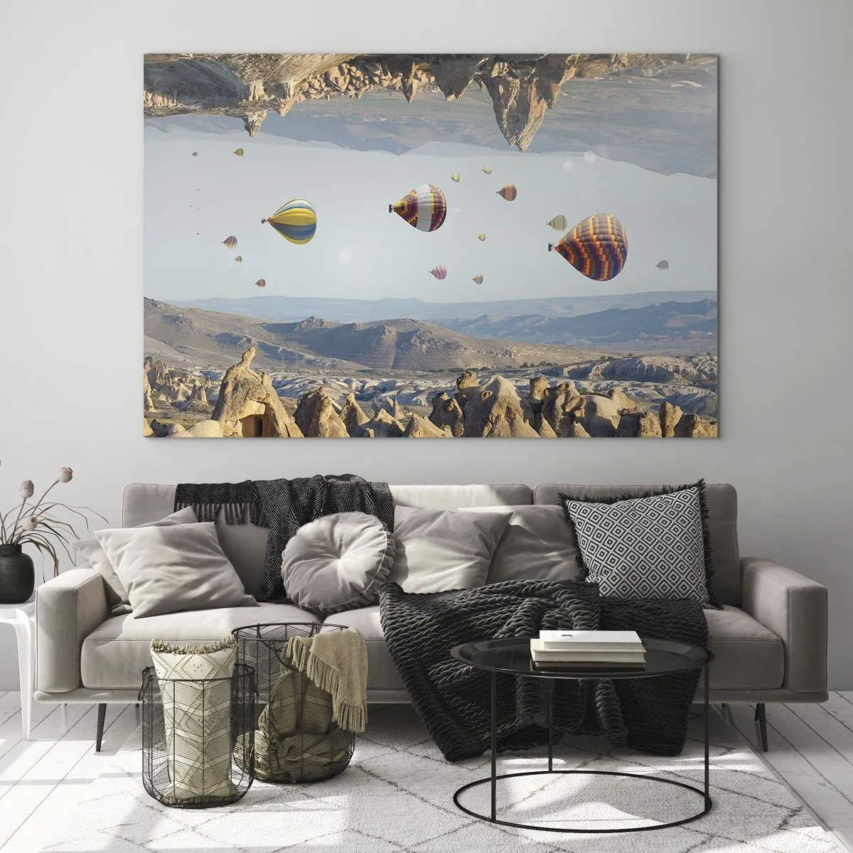 Impression sur verre - Image sur verre - Ballons colorés au-dessus du paysage rocheux de la Cappadoce - 120x80cm - Ici, tout est possible - Décoration murale moderne pour le salon et la chambre ARTTOR
