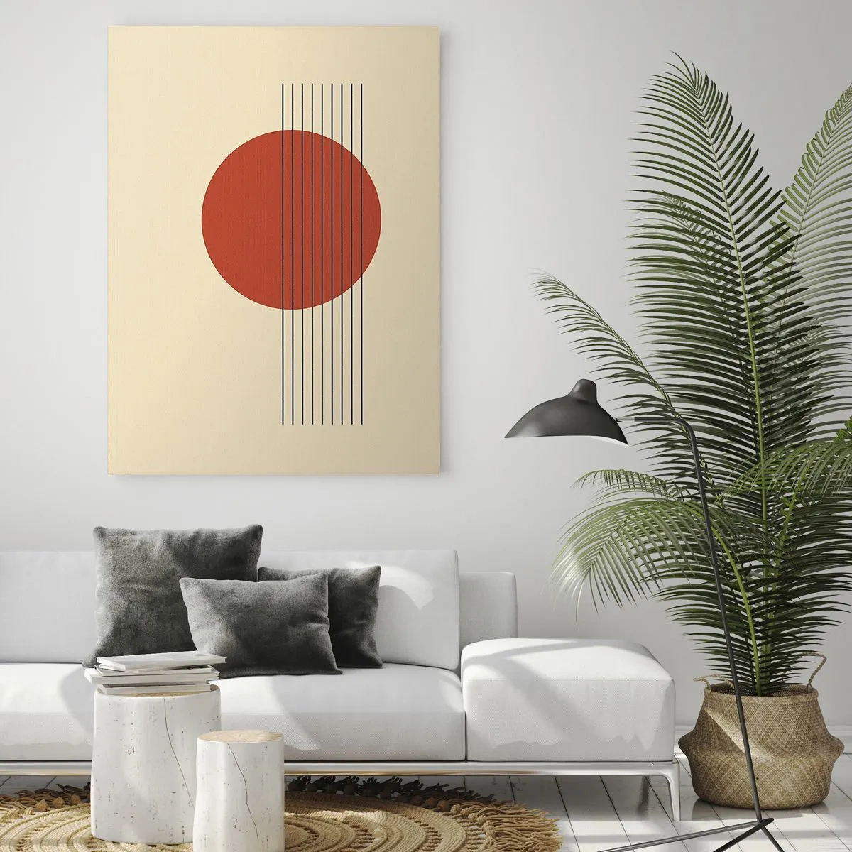 Impression sur verre - Image sur verre - Cercle rouge abstrait avec des lignes sur fond beige. - 80x120cm - Aux alentours et plus loin - Décoration murale moderne pour le salon et la chambre ARTTOR