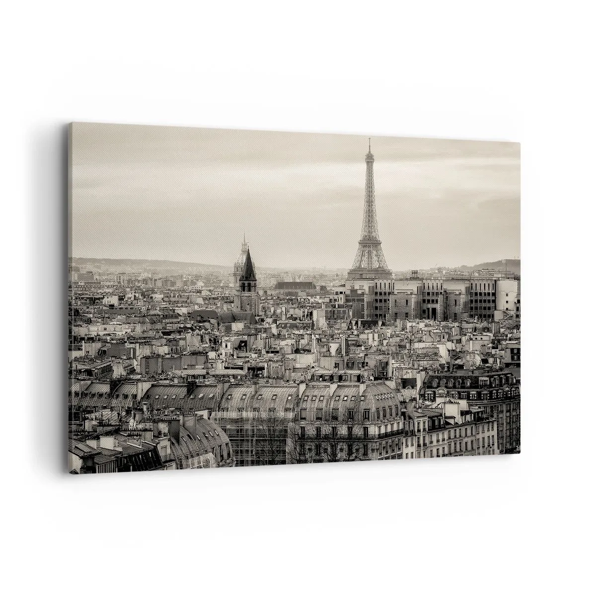 Impression sur toile - Image sur toile - Panorama de Paris avec la Tour Eiffel en tons sépia - 120x80cm - Sur les toits de Paris - Décoration murale moderne pour le salon et la chambre ARTTOR