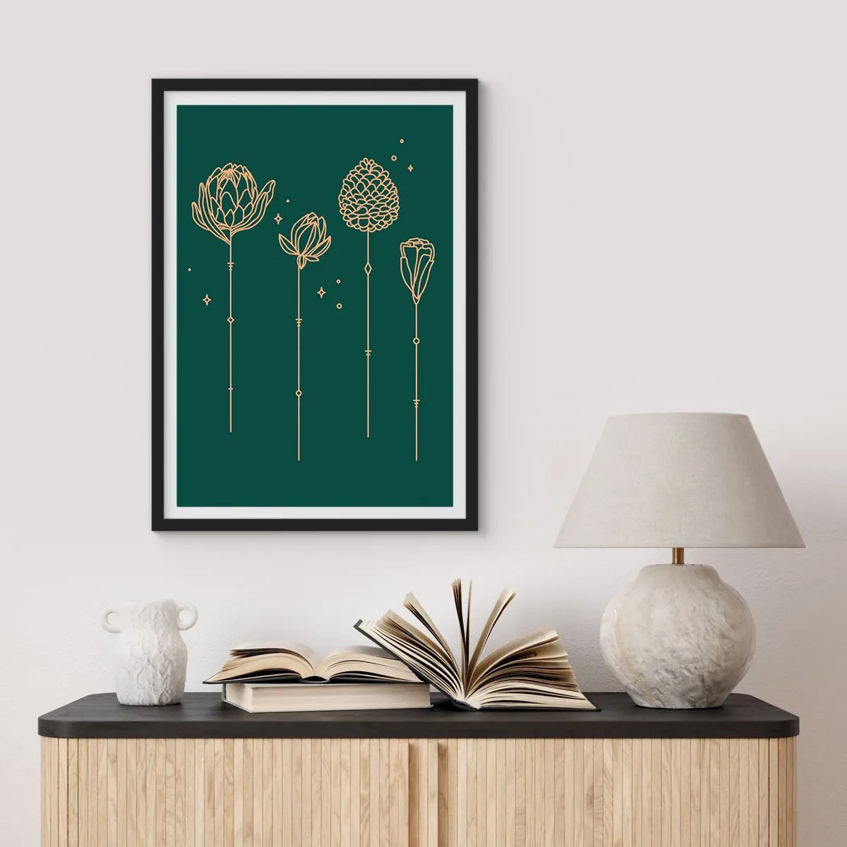 Affiche dans un cadre noir - Poster - Contours dorés de fleurs sur fond vert foncé - 50x70cm - La famille Plante - Décoration murale moderne pour le salon et la chambre ARTTOR