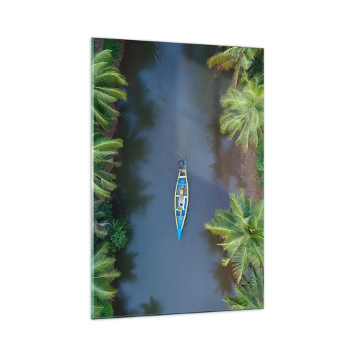 Impression sur verre - Image sur verre - Vue aérienne d'un bateau sur une rivière entourée de palmiers - 70x100cm - Sur un sentier tropical - Décoration murale moderne pour le salon et la chambre ARTTOR