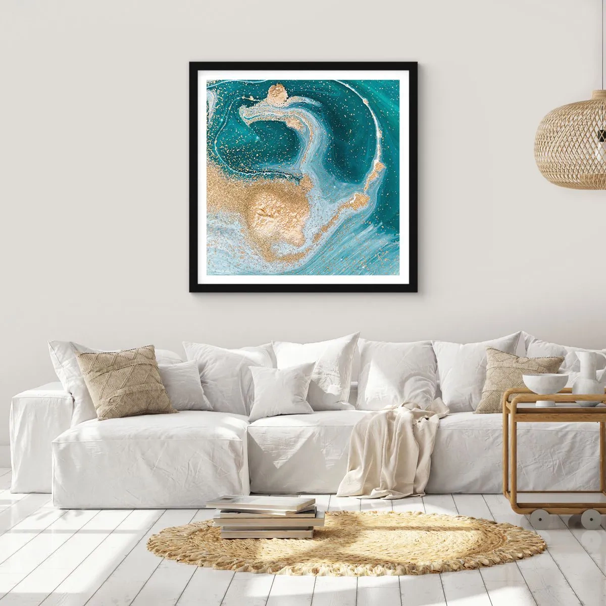 Affiche dans un cadre noir - Poster - Tourbillon d'or et de turquoise - 30x30 cm