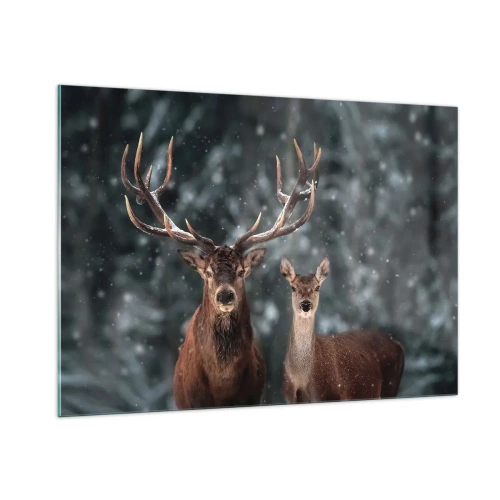Impression sur verre - Image sur verre - Un cerf et une biche dans une forêt hivernale couverte de neige - 100x70cm - Le roi de la forêt avec sa femme - Décoration murale moderne pour le salon et la chambre ARTTOR