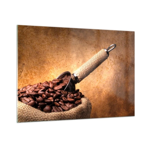Impression sur verre - Image sur verre - Grains de café dans un sac en jute avec une cuillère en métal - 100x70cm - A la source de la saveur - Décoration murale moderne pour le salon et la chambre ARTTOR