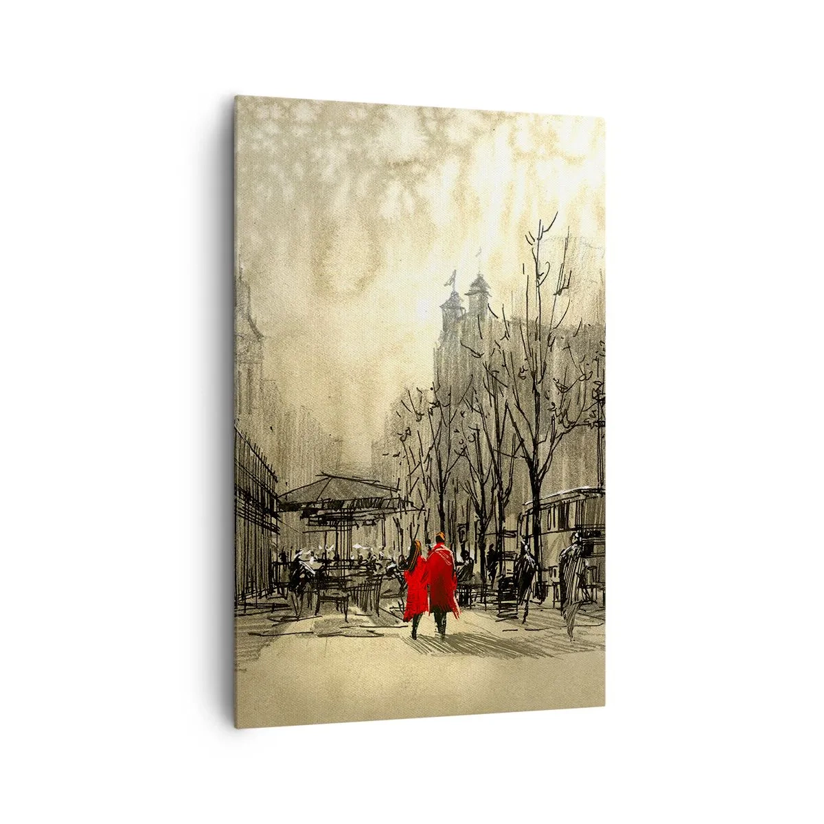 Impression sur toile - Image sur toile - Une figure rouge dans un décor urbain nostalgique - 80x120cm - Rendez-vous dans le brouillard de Londres - Décoration murale moderne pour le salon et la chambre ARTTOR