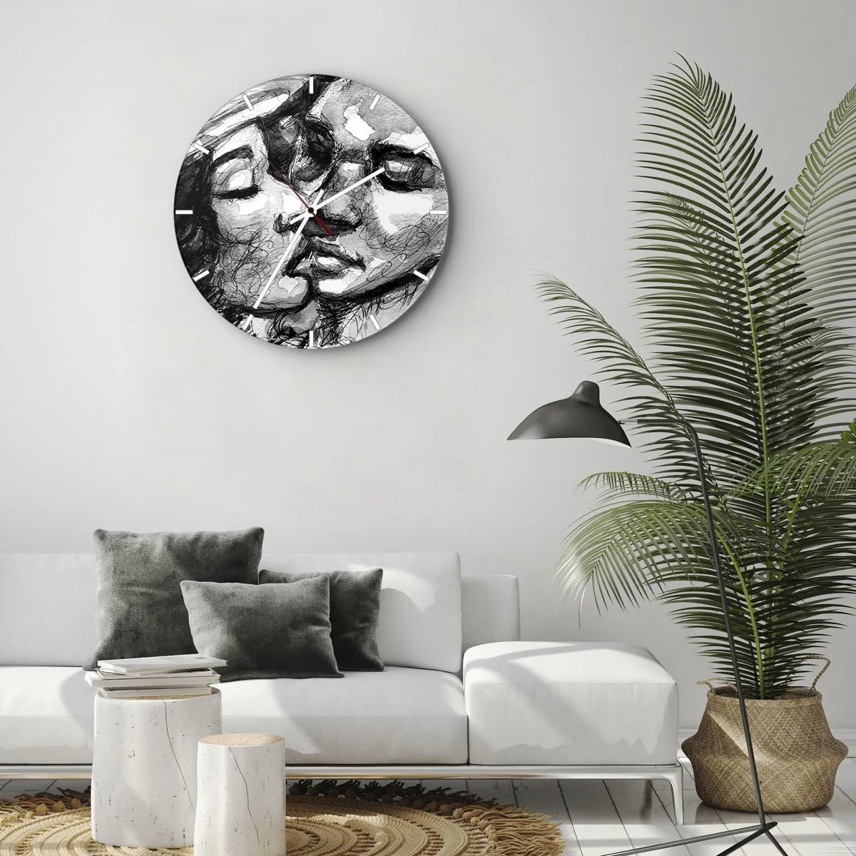 Horloge murale - Pendule murale - Croquis en noir et blanc d'un couple qui s'embrasse - 30x30cm - Un moment tendre - Décoration murale moderne pour le salon, la cuisine et la chambre ARTTOR