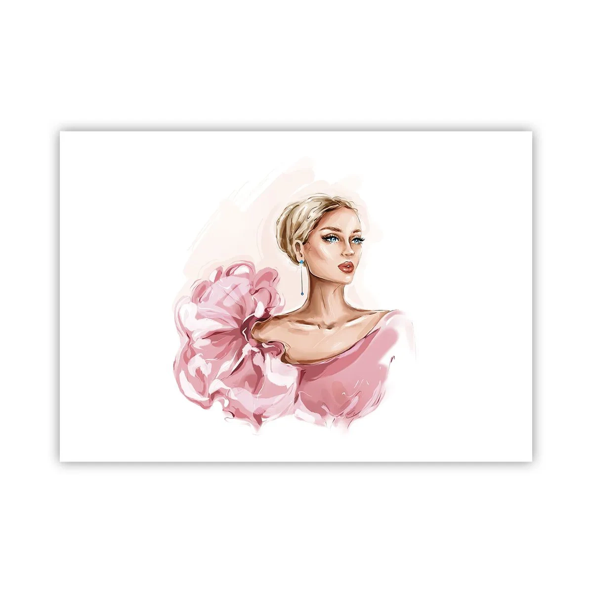 Affiche - Poster - Portrait d'une femme en robe rose sur fond clair - 100x70cm - Comme peinte... - Décoration murale moderne pour le salon et la chambre ARTTOR