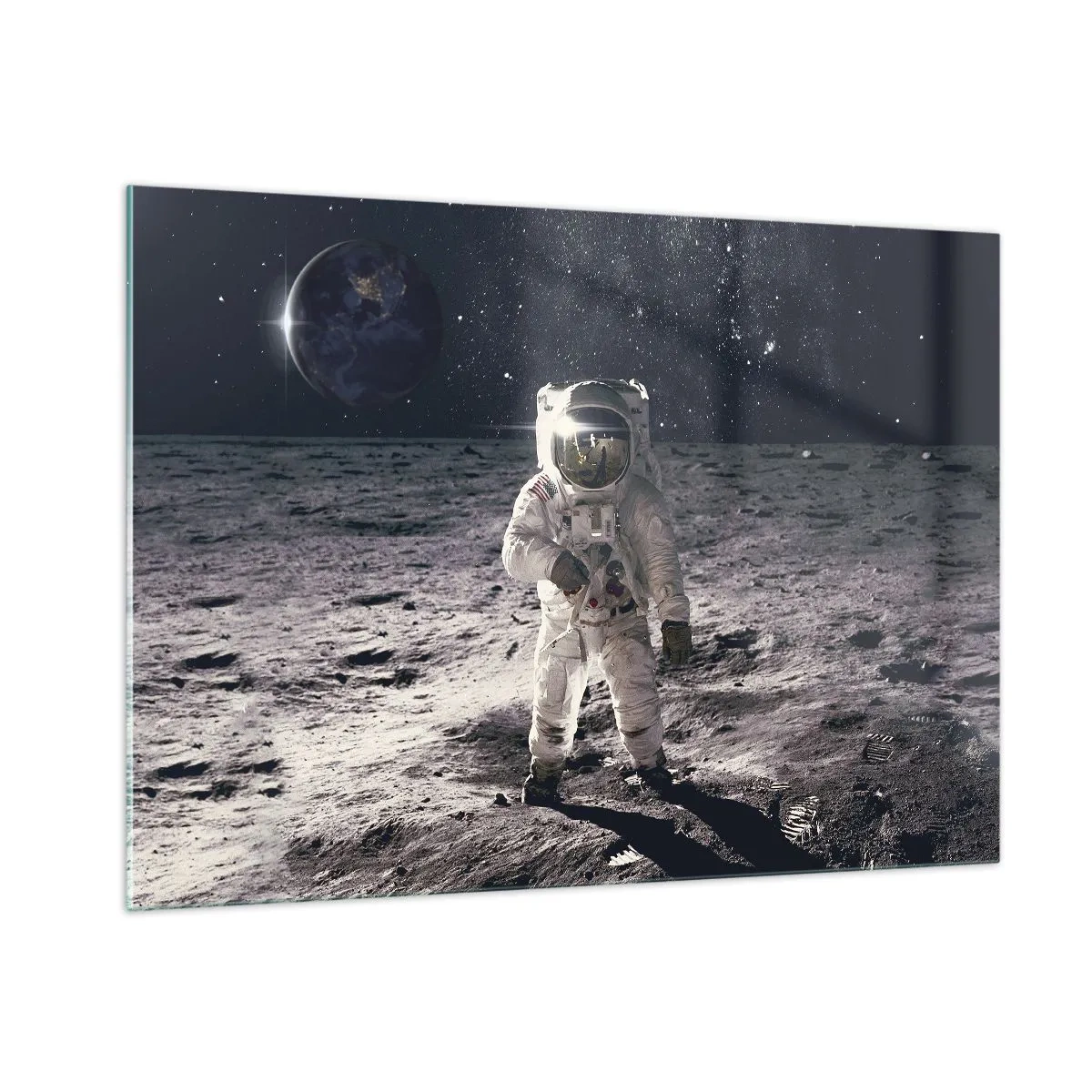 Impression sur verre - Image sur verre - Astronaute à la surface de la Lune avec la Terre en arrière-plan - 100x70cm - Salutations de la lune - Décoration murale moderne pour le salon et la chambre ARTTOR