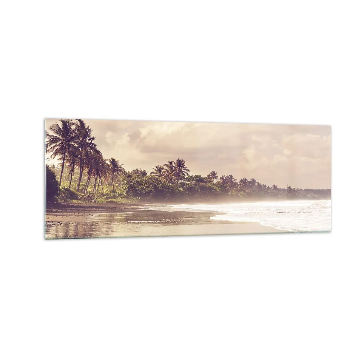 Impression sur verre - Image sur verre - Une plage avec des palmiers et des vagues douces le matin - 140x50cm - La caresse des vagues - Décoration murale moderne pour le salon et la chambre ARTTOR