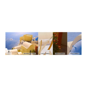 Échantillon de Papier Peint Premium Sand - Paysage grec en blanc et bleu ciel - Paysage, Santorin, Grèce - 100x30 cm