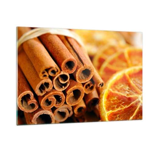 Impression sur verre - Image sur verre - Gros plan sur des bâtons de cannelle et des tranches d'orange séchées - 120x80cm - Sentez-vous leurs odeurs? - Décoration murale moderne pour le salon et la chambre ARTTOR