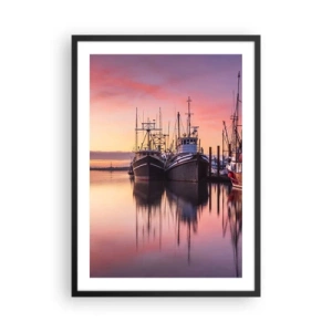 Affiche dans un cadre noir - Poster - Bateaux de pêche au port au coucher du soleil - 50x70cm - Avant le jour suivant - Décoration murale moderne pour le salon et la chambre ARTTOR