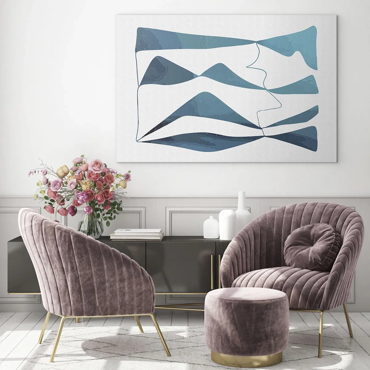 Impression sur verre - Image sur verre - Vagues et formes turquoise sur fond blanc - 70x50cm - Abstraction : composé turquoise - Décoration murale moderne pour le salon et la chambre ARTTOR