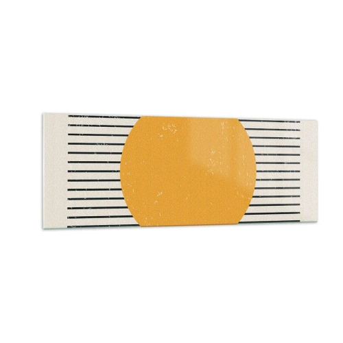 Impression sur verre - Image sur verre - Un cercle jaune sur un fond de lignes horizontales noires et blanches - 140x50cm - Le pouvoir de la simplicité - Décoration murale moderne pour le salon et la chambre ARTTOR