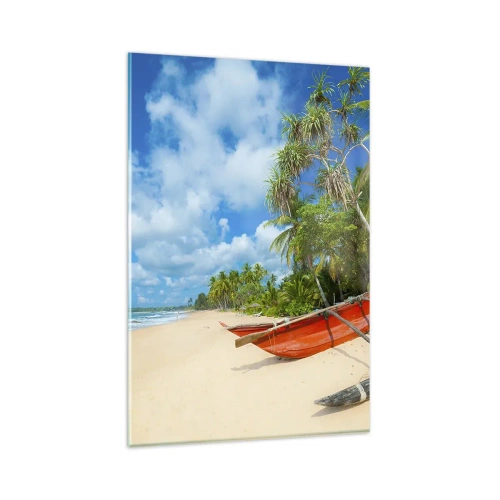 Impression sur verre - Image sur verre - Plage tropicale avec palmiers et bateaux colorés - 80x120cm - Le charme des tropiques - Décoration murale moderne pour le salon et la chambre ARTTOR