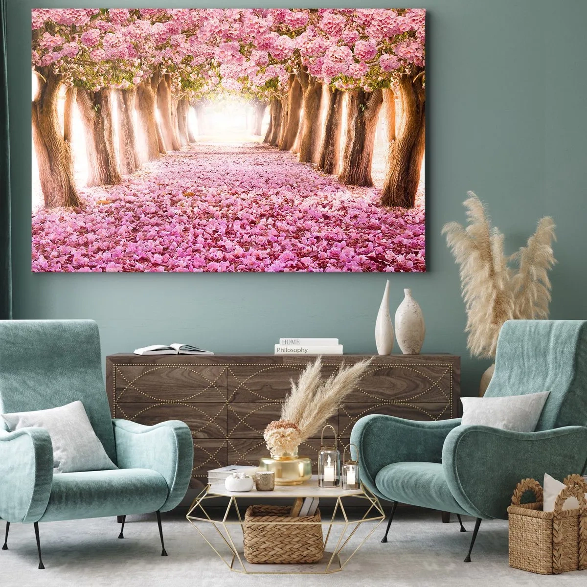 Impression sur toile - Image sur toile - Une avenue d'arbres fleuris aux tons roses - 120x80cm - La route du paradis - Décoration murale moderne pour le salon et la chambre ARTTOR