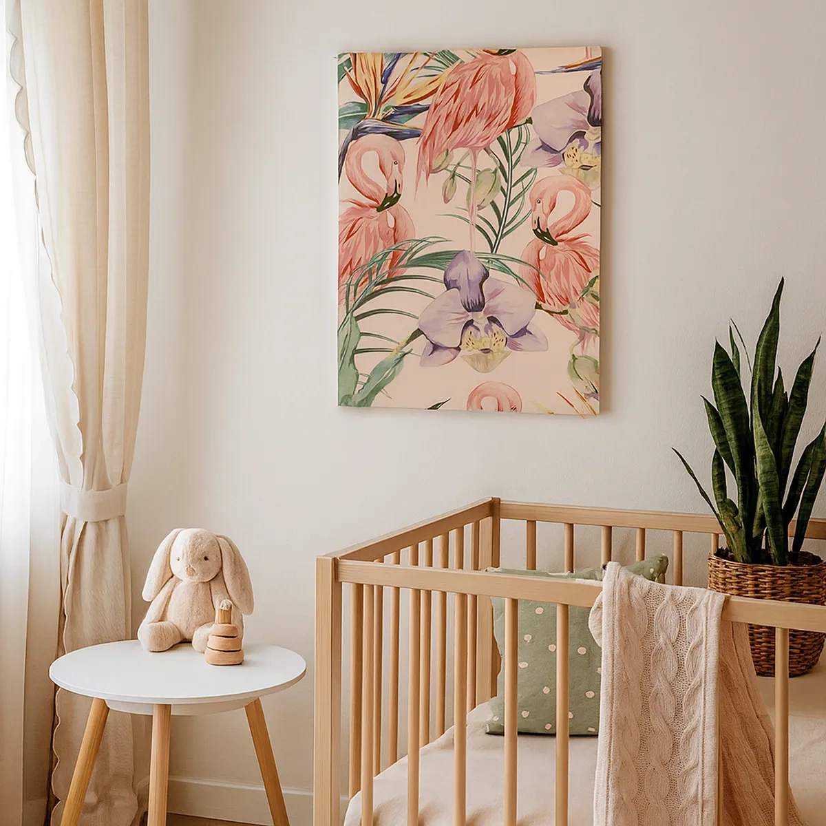 Impression sur toile - Image sur toile - Flamants roses et fleurs tropicales sur fond clair - 50x70cm - Ballet rose dans les fleurs - Décoration murale moderne pour le salon et la chambre ARTTOR