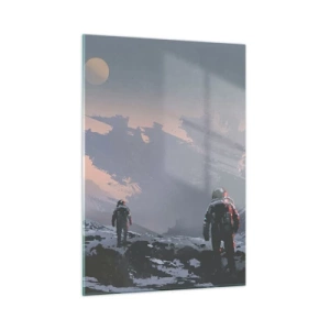 Impression sur verre - Image sur verre - Des astronautes sur une planète extraterrestre avec une épave en arrière-plan - 50x70cm - Sous une étoile inconnue - Décoration murale moderne pour le salon et la chambre ARTTOR