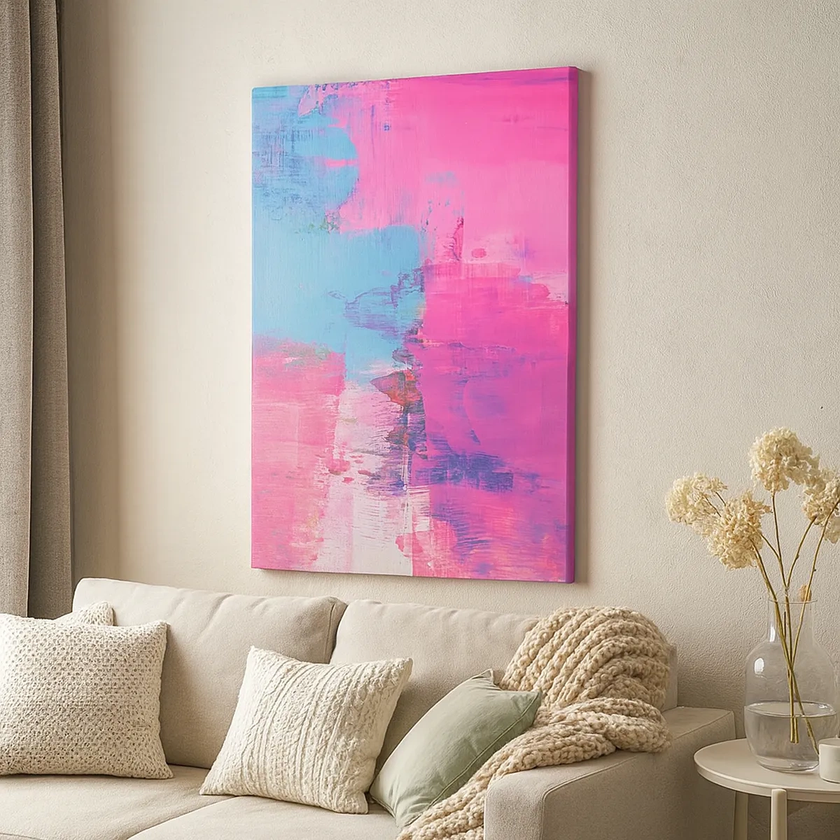 Impression sur toile - Image sur toile - Composition abstraite en rose et bleu - 50x70cm - Du rose, du bleu et une pincée de lumière - Décoration murale moderne pour le salon et la chambre ARTTOR