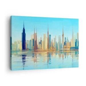Impression sur toile - Image sur toile - Un panorama de la ville aux couleurs chaudes avec reflet dans l'eau - 70x50cm - Une métropole ensoleillée - Décoration murale moderne pour le salon et la chambre ARTTOR