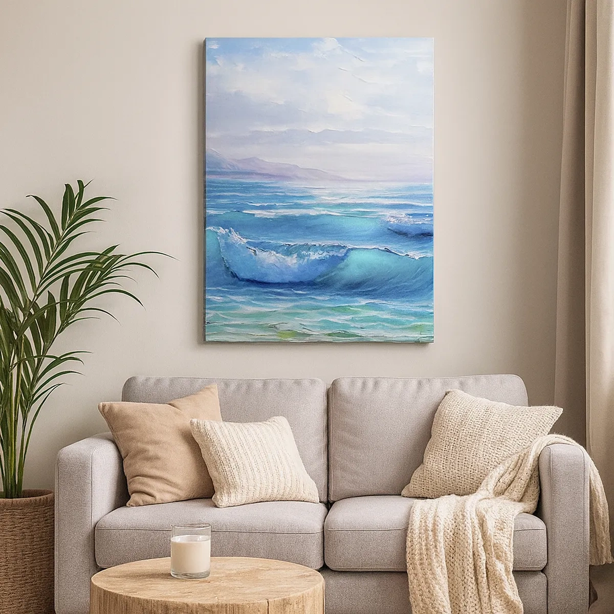 Impression sur toile - Image sur toile - Un paysage marin pittoresque avec des vagues et un ciel bleu - 50x70cm - Il apporte un soulagement - Décoration murale moderne pour le salon et la chambre ARTTOR