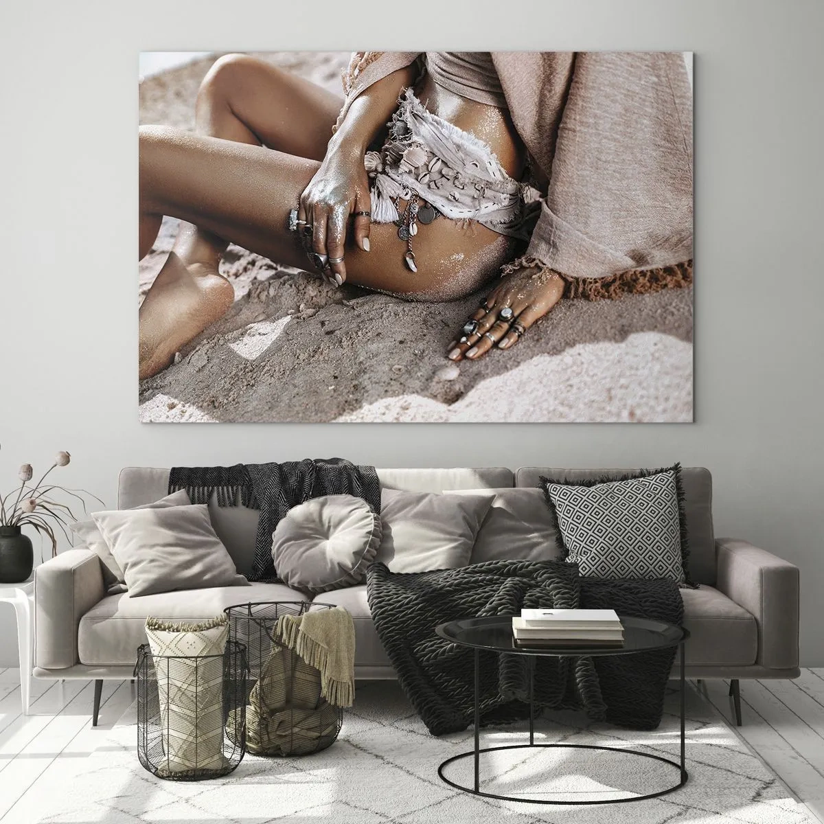 Impression sur verre - Image sur verre - Silhouette féminine sur une plage de sable - 120x80cm - Rejeté par la vague? - Décoration murale moderne pour le salon et la chambre ARTTOR