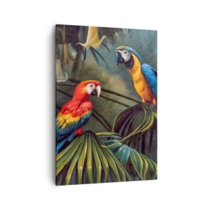 Impression sur toile - Image sur toile - Perroquets dans une forêt tropicale avec des fleurs exotiques en arrière-plan - 50x70cm - Romantisme dans les tropiques - Décoration murale moderne pour le salon et la chambre ARTTOR
