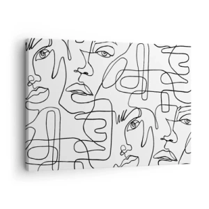 Impression sur toile - Image sur toile - Un dessin minimaliste d'un visage avec des lignes sur un fond clair. - 70x50cm - Dans des émotions enchevêtrées - Décoration murale moderne pour le salon et la chambre ARTTOR