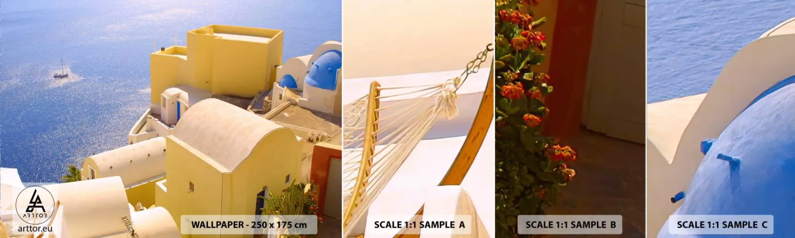 Échantillon de Papier Peint Autocollant Deluxe Sticker - Paysage grec en blanc et bleu ciel - Paysage, Santorin, Grèce - 100x30 cm