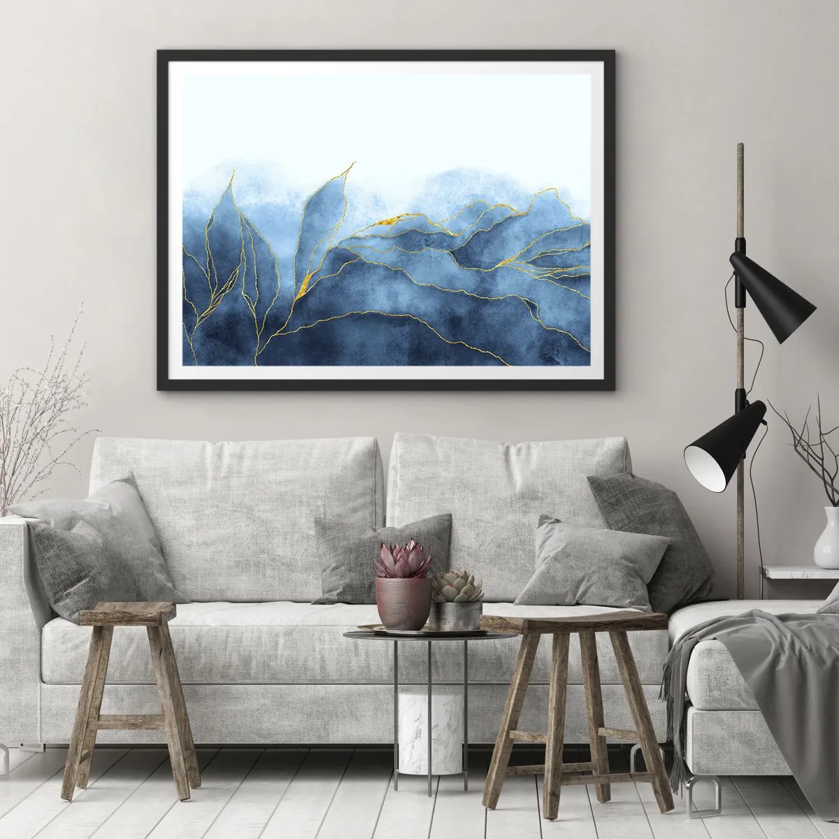 Affiche dans un cadre noir - Poster - Vagues abstraites dans des tons de bleu avec des accents dorés - 70x50cm - Bleu doré - Décoration murale moderne pour le salon et la chambre ARTTOR