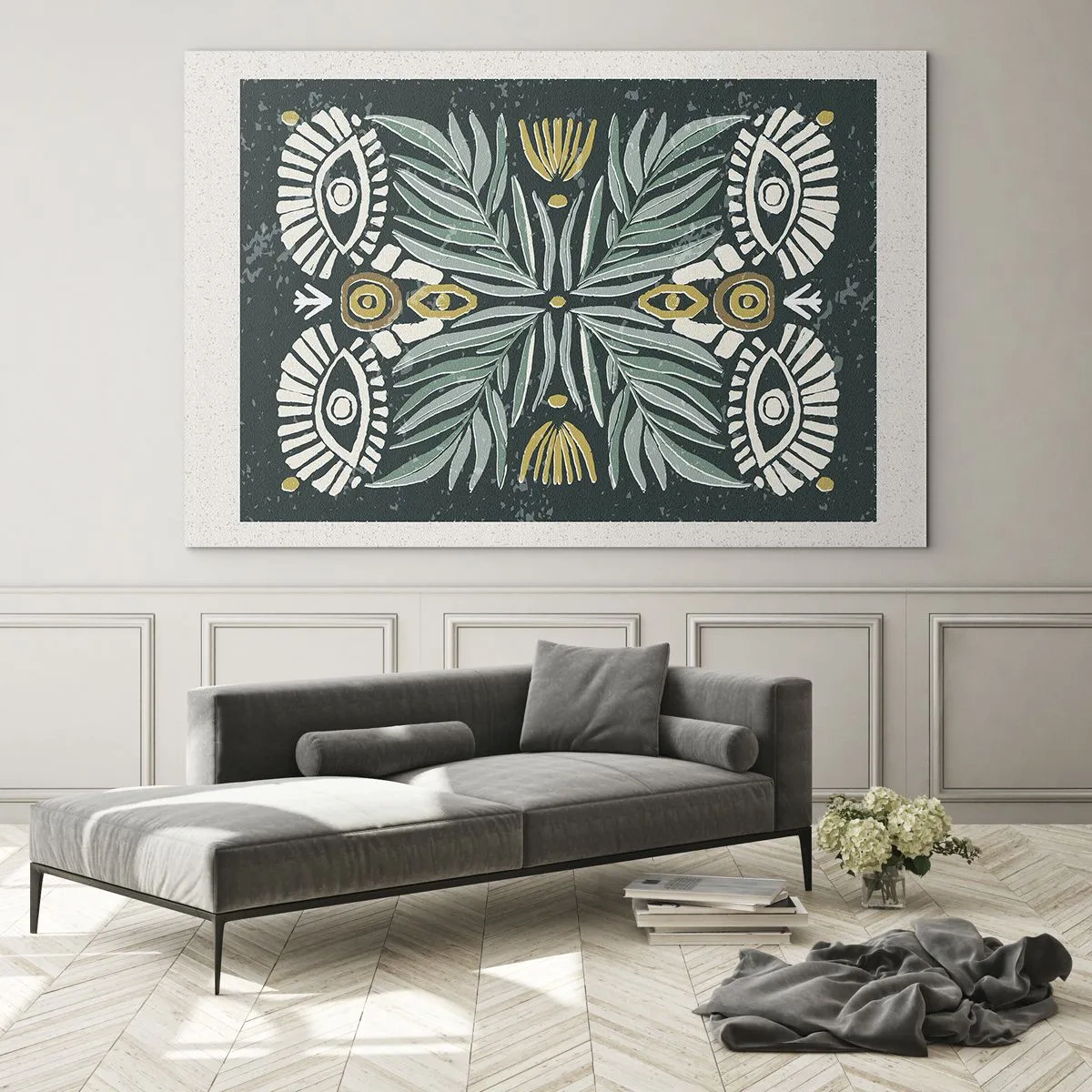 Impression sur verre - Image sur verre - Une composition symétrique de feuilles et de motifs dans un style folklorique - 70x50cm - Comme une découpe folklorique - Décoration murale moderne pour le salon et la chambre ARTTOR