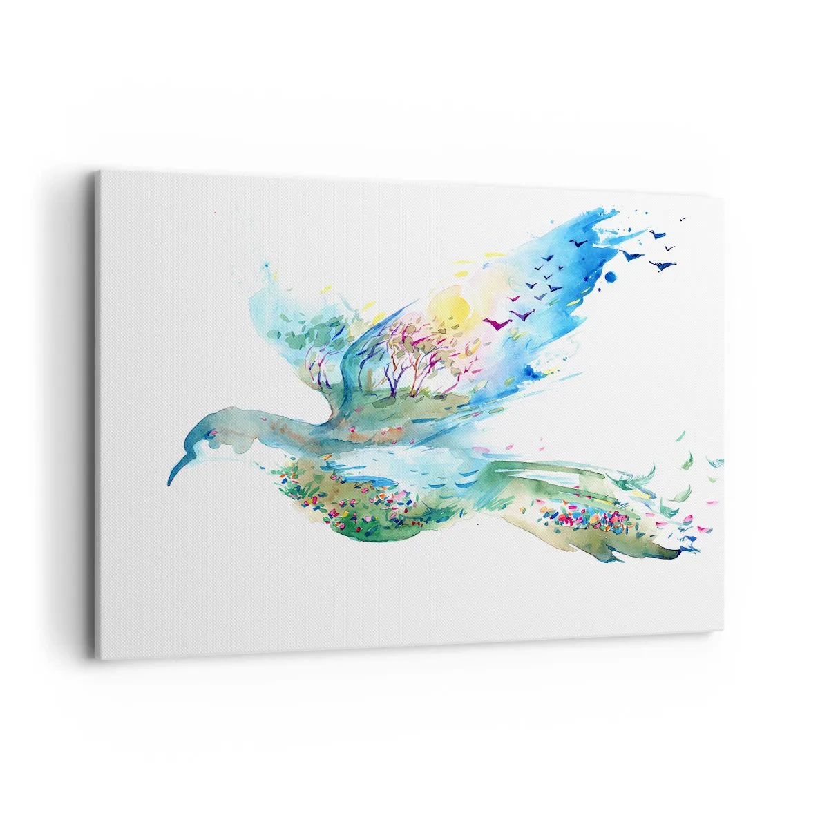 Impression sur toile - Image sur toile - Composition à l'aquarelle d'un oiseau avec des éléments de la nature - 100x70cm - Sur les ailes de la nature - Décoration murale moderne pour le salon et la chambre ARTTOR