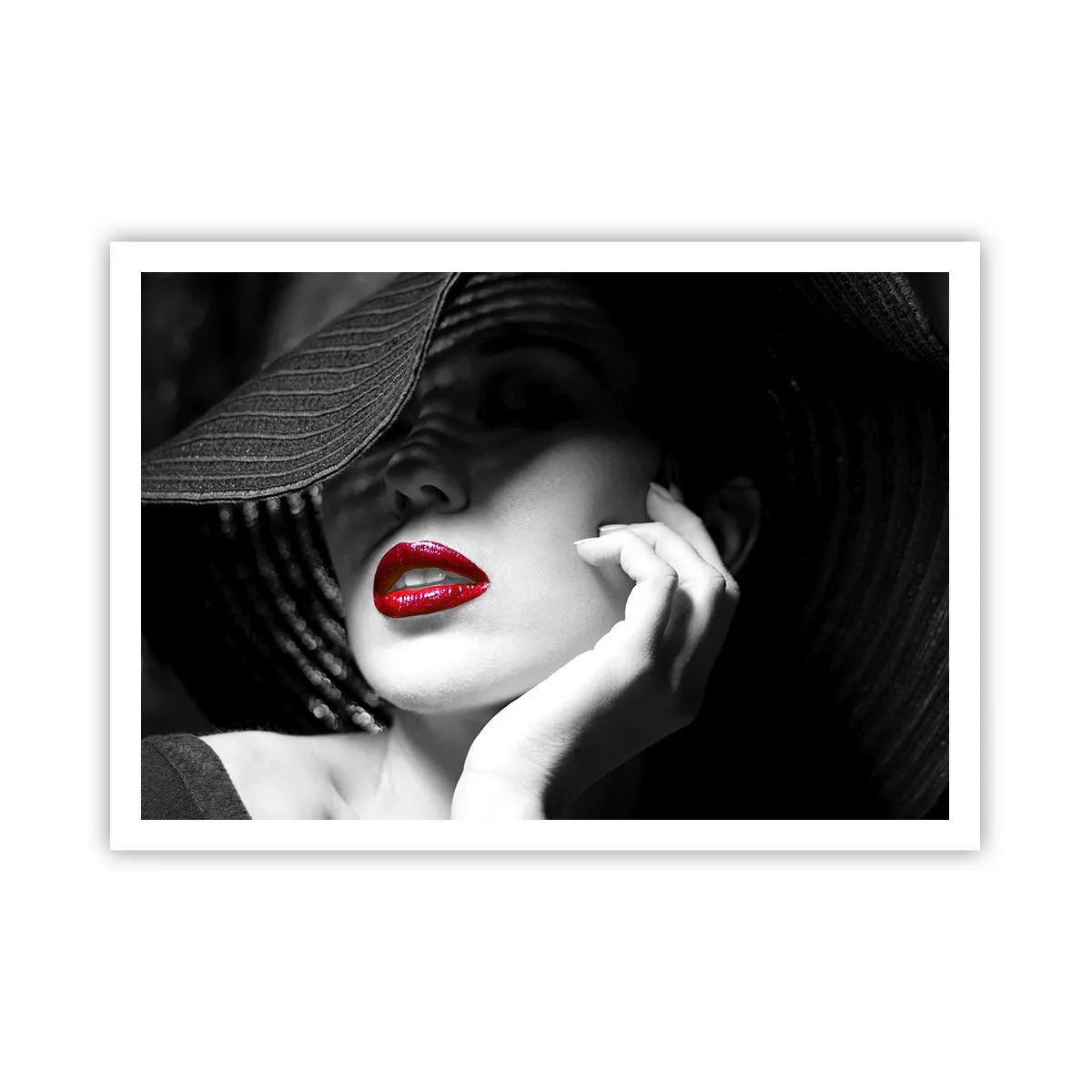 Affiche - Poster - Portrait noir et blanc d'une femme aux lèvres rouges - 100x70cm - Étude écarlate - Décoration murale moderne pour le salon et la chambre ARTTOR