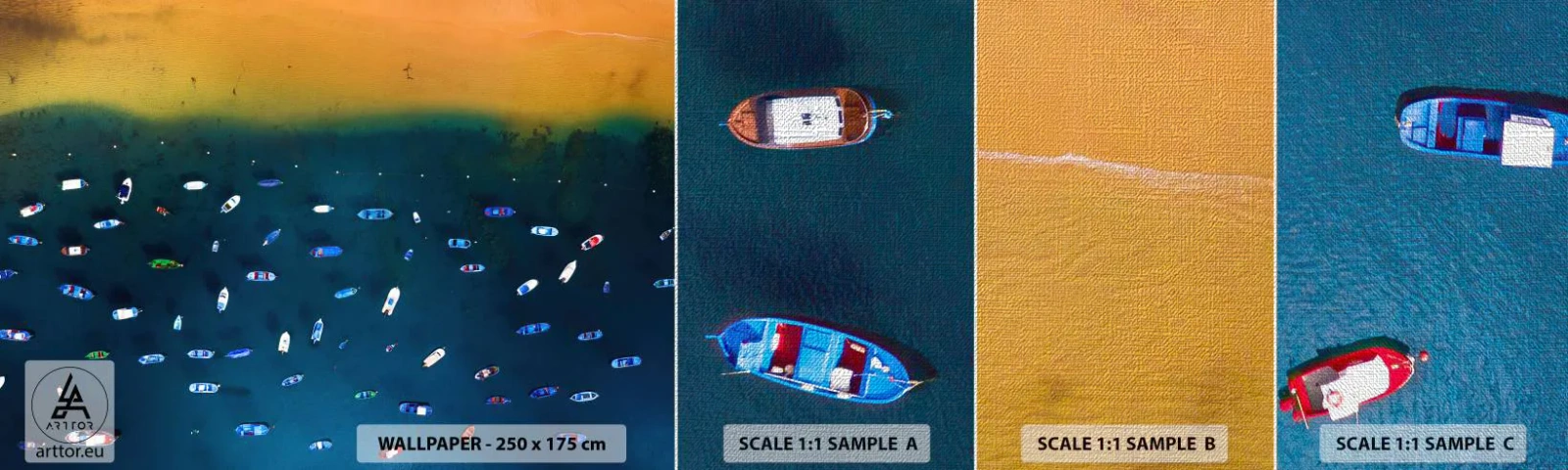 Échantillon de Papier Peint Premium Canvas - Jeu de vacances - Bateaux, Plage, Côte - 100x30 cm