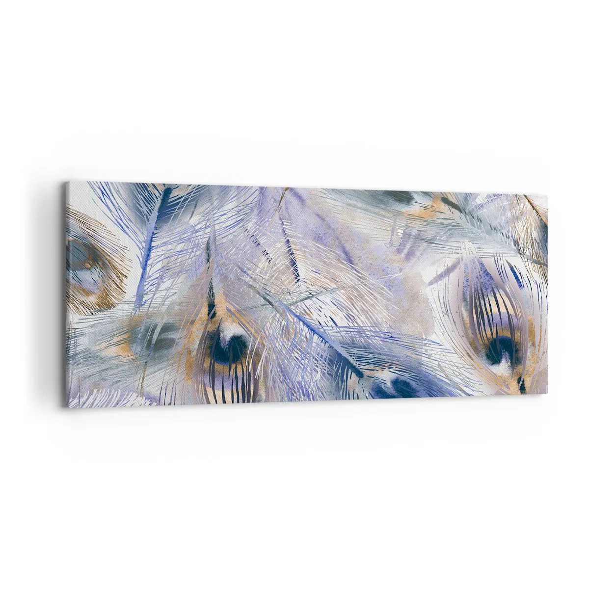 Impression sur toile - Image sur toile - Un motif avec des plumes de paon dans des tons de bleu et d'or - 120x50cm - Composition de paon - Décoration murale moderne pour le salon et la chambre ARTTOR