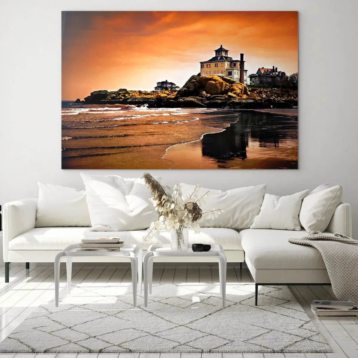 Impression sur verre - Image sur verre - Maison sur une falaise surplombant la mer au coucher du soleil - 120x80cm - L'élégance de la côte ouest - Décoration murale moderne pour le salon et la chambre ARTTOR