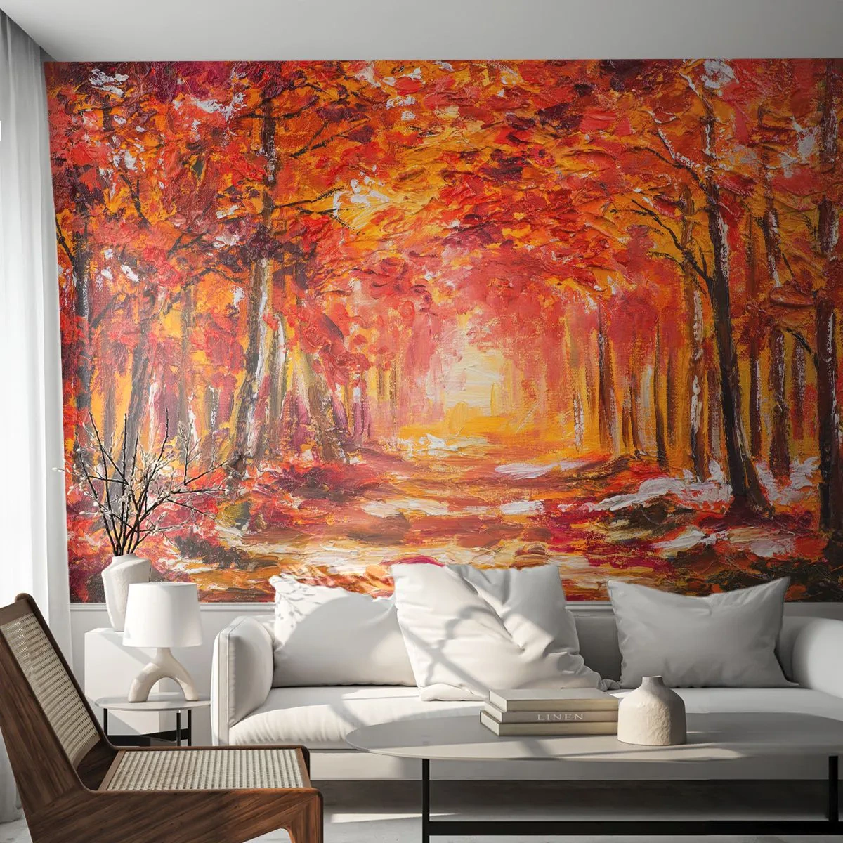 Papier Peint Photo Premium Sand - Forêt d'automne aux tons rouges et dorés - 100x70cm - Forêt de cuivre - Décoration murale moderne pour le salon et la chambre ARTTOR