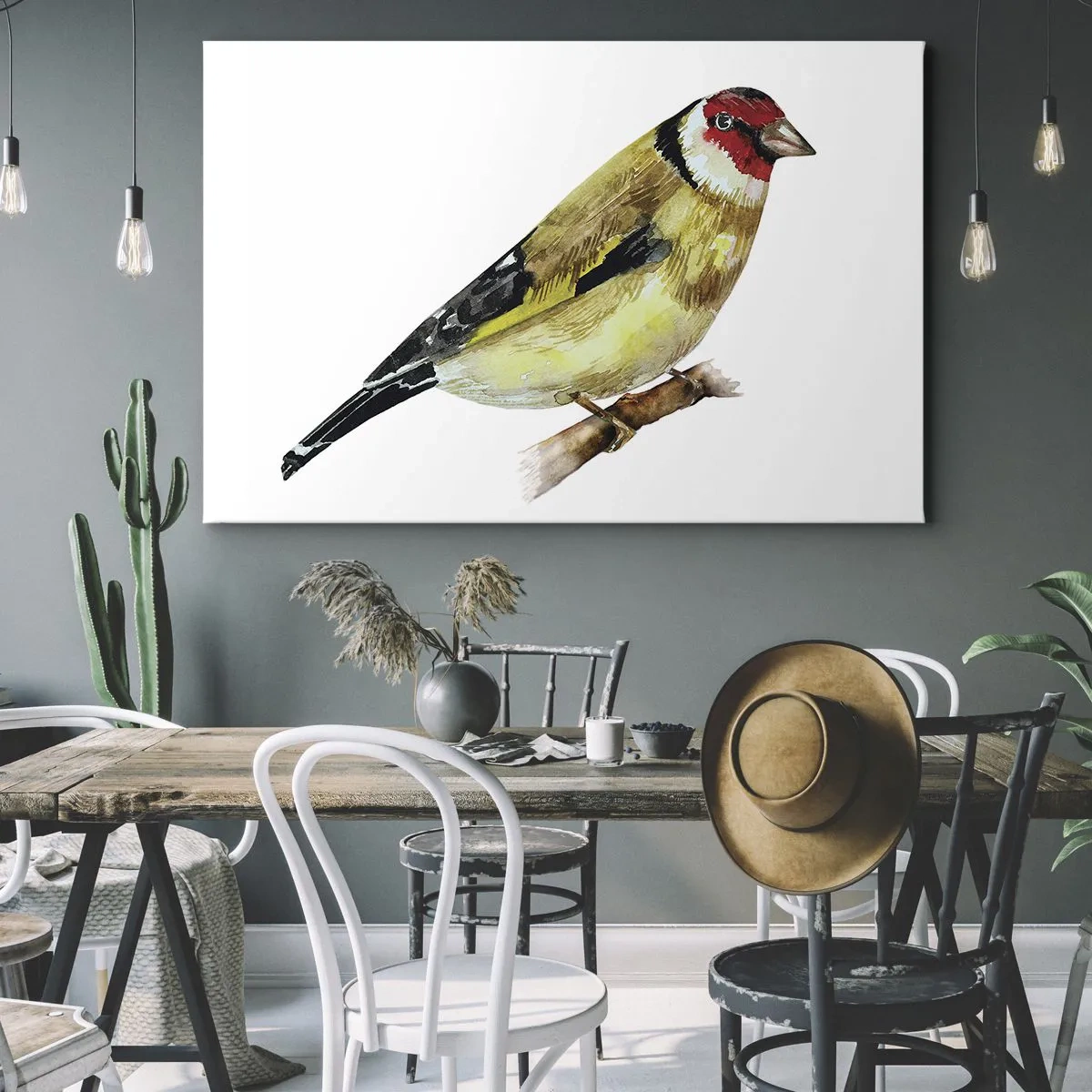Impression sur toile - Image sur toile - Un oiseau à tête rouge sur une branche - 120x80cm - Portrait d'oiseau - Décoration murale moderne pour le salon et la chambre ARTTOR