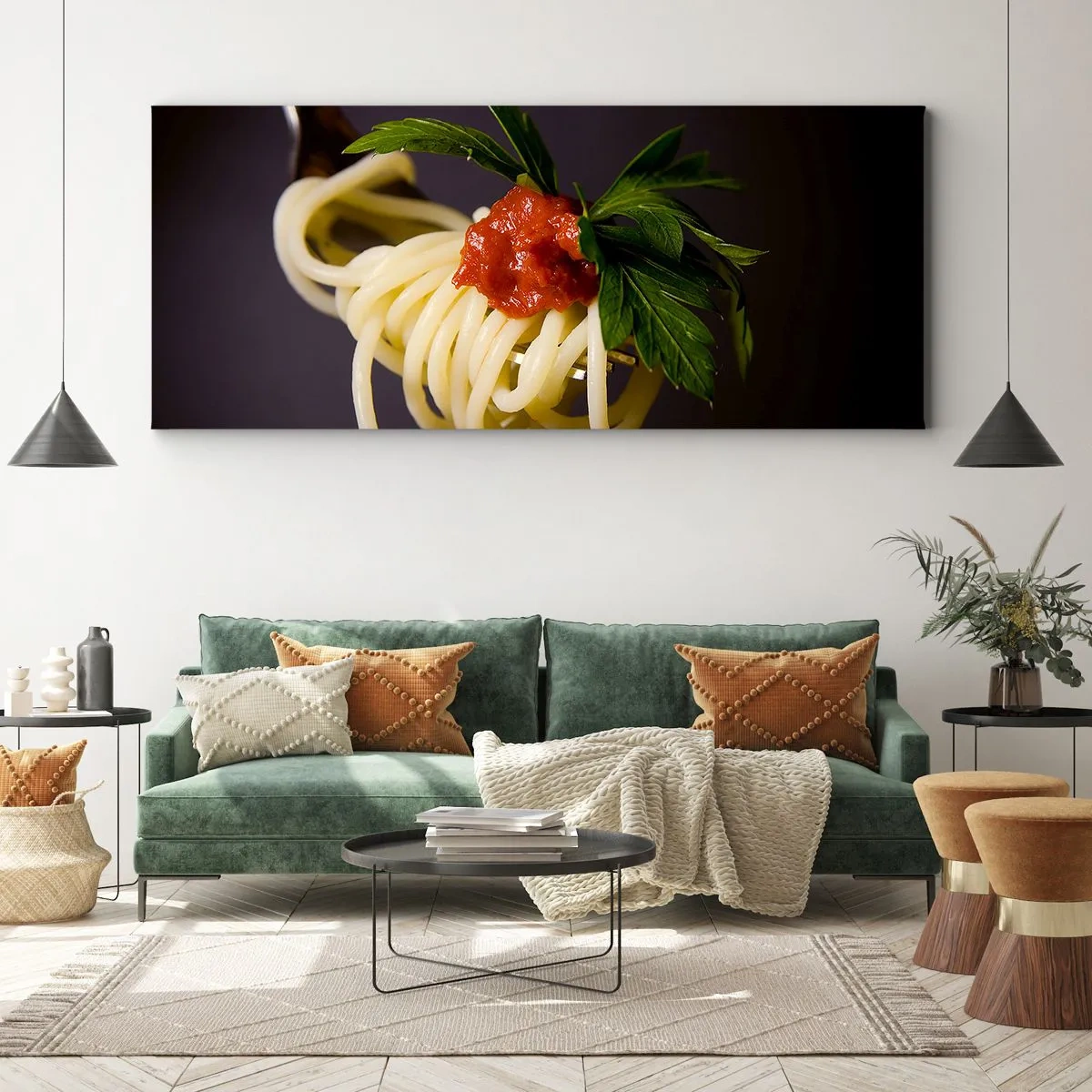 Impression sur toile - Image sur toile - Spaghettis à la fourchette avec sauce tomate et persil - 160x50cm - Une bouchée savoureuse - Décoration murale moderne pour le salon et la chambre ARTTOR