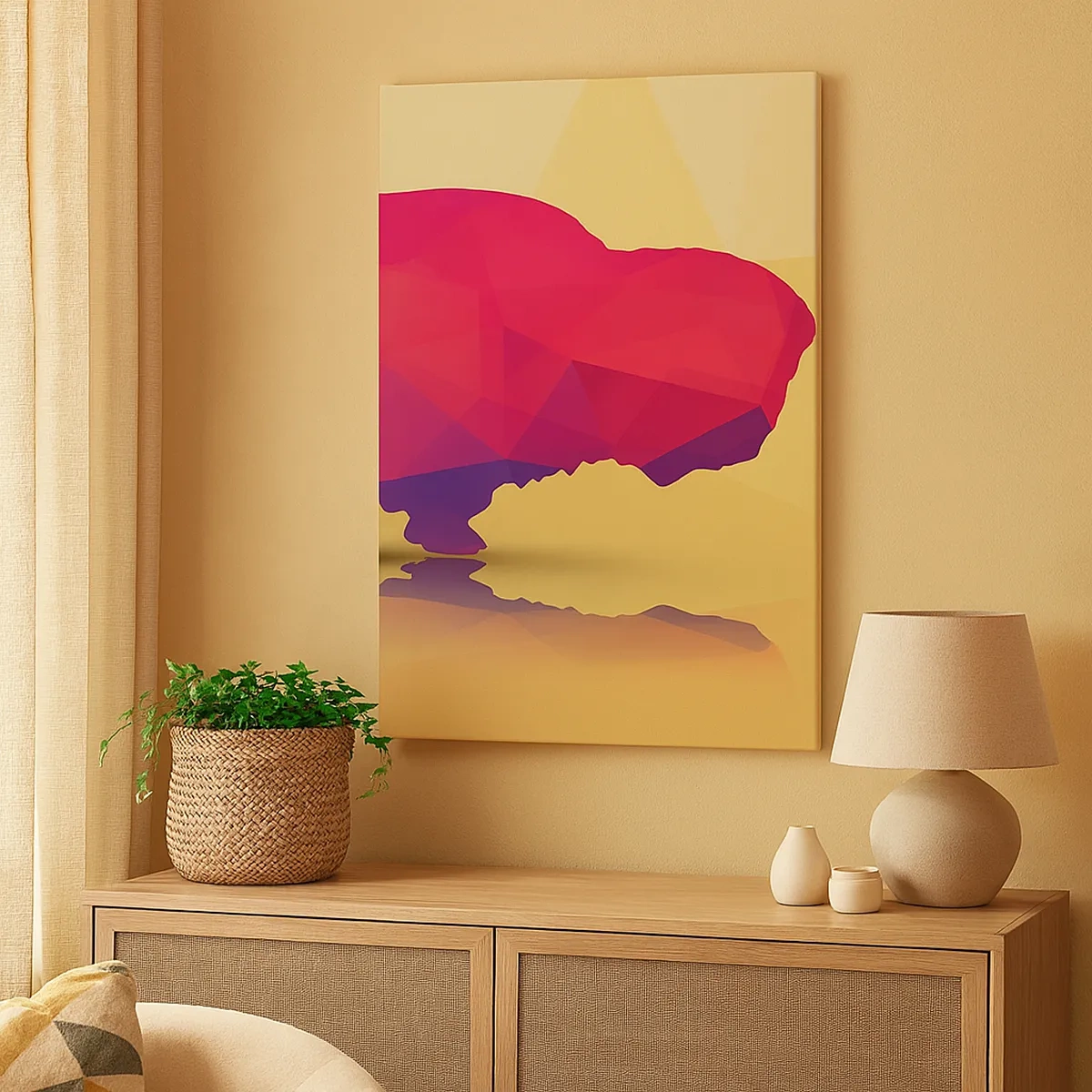 Impression sur toile - Image sur toile - Silhouette géométrique d'un bison dans les tons de rouge et de violet - 50x70cm - La force amarante du bison - Décoration murale moderne pour le salon et la chambre ARTTOR