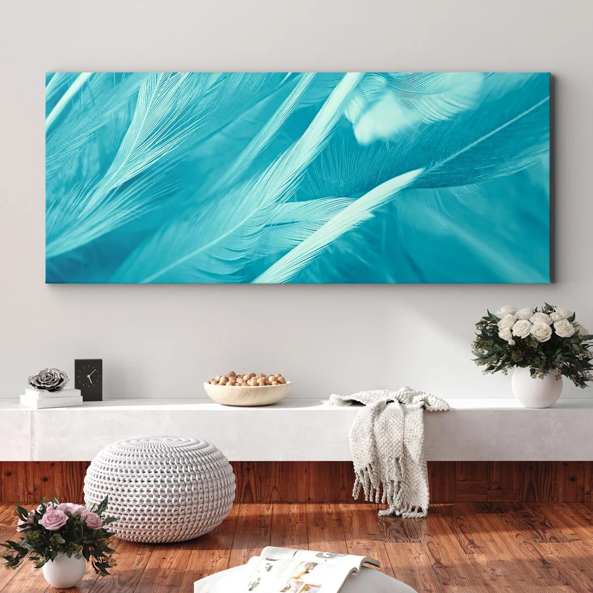 Impression sur toile - Image sur toile - Gros plan de délicates plumes turquoises - 160x50cm - Se noyer dans les plumes - Décoration murale moderne pour le salon et la chambre ARTTOR